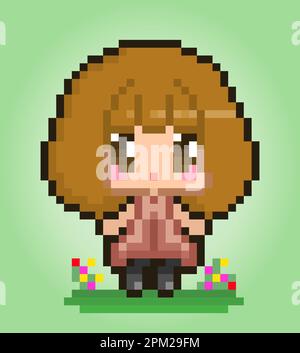 8 bit de pixel de personnage de femme. Anime dessin animé fille dans des illustrations vectorielles pour des ressources de jeu ou des motifs de point de croix. Illustration de Vecteur