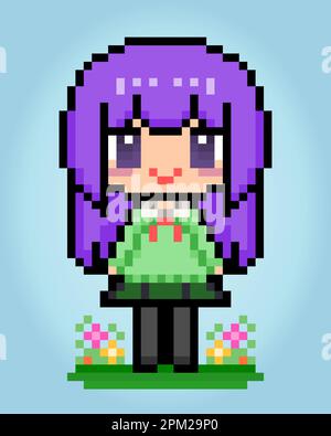 8 bit de pixel de personnage de femme. Anime dessin animé fille dans des illustrations vectorielles pour des ressources de jeu ou des motifs de point de croix. Illustration de Vecteur