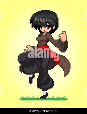 8 bit de pixel de personnage de femme. Anime Cartoon kung fu Girl dans des illustrations vectorielles pour les ressources de jeu ou les motifs de point de croix. Illustration de Vecteur