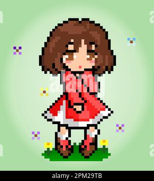 8 bit pixel fille avec papillon et fleurs. Pixels femme pour les ressources de jeu et les motifs de point de croix dans les illustrations vectorielles. Illustration de Vecteur