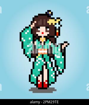 8 bit de pixel de personnage de femme. Anime Cartoon Girl porte des vêtements kimono dans des illustrations vectorielles pour des éléments de jeu ou des motifs de point de croix. Illustration de Vecteur