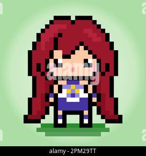 8 bit de pixel de personnage de femme. Anime dessin animé fille dans des illustrations vectorielles pour des ressources de jeu ou des motifs de point de croix. Illustration de Vecteur