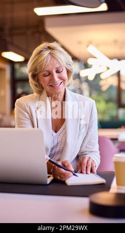 Souriante femme d'affaires mûre travaillant sur ordinateur portable au bureau dans Office Making Notes Banque D'Images