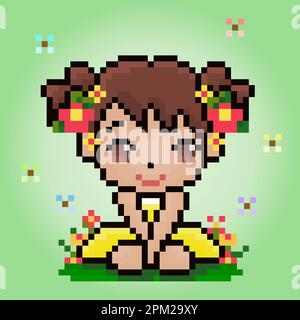 8 bit de pixel de personnage de femme dans le parc. Anime dessin animé fille dans l'illustration vectorielle pour les ressources de jeu ou les motifs de point de croix. Illustration de Vecteur