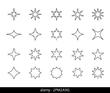 Icônes de ligne d'étoiles. Outline volant scintillements brillants, différents types de ciel fantaisie et l'astéroïsme galaxie. Collection de symboles étoile linéaires vectoriels. Lumières brillantes ou scintillantes, lumières plates Illustration de Vecteur