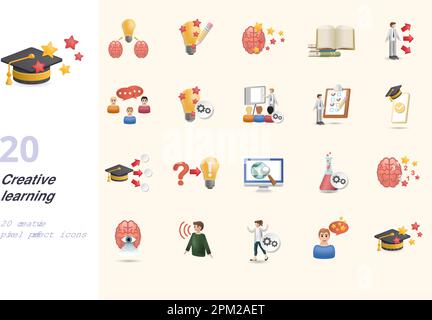 Kit d'apprentissage créatif. Icônes créatives : brainstorming, processus créatif, réflexion créative, livre ouvert, opportunité, discussion de groupe, intégration d'idées Illustration de Vecteur