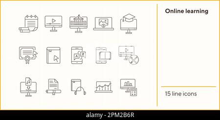 Jeu d'icônes de ligne d'apprentissage en ligne Illustration de Vecteur