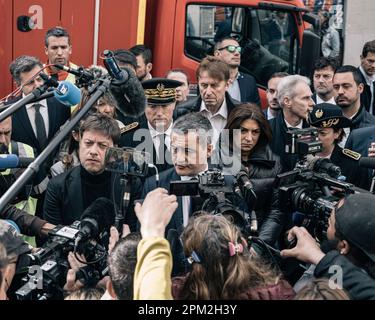 Nicolas Cleuet / le Pictorium - Marseille, explosion de bâtiments rue de Tivoli - 9/4/2023 - France / Provence-Alpes-Côte d'Azur / Marseille - visite du ministre de l'intérieur, Gerald Damarnin, avec le maire de Marseille, Benoit Payan, Sur le site de l'effondrement des bâtiments suite à une explosion dans la rue de Tivoli à Marseille. Banque D'Images