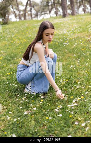 Brunette femme en haut regardant les fleurs de Marguerite sur la pelouse en été, image de stock Banque D'Images