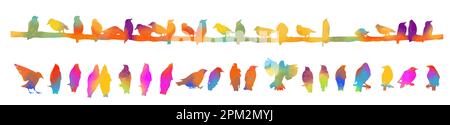 Oiseaux sur un fil. Silhouettes d'étoiles colorées. Ensemble d'oiseaux . Illustration vectorielle Illustration de Vecteur