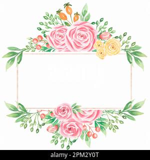 Cadre de fleurs aquarelle dessinées à la main. Magnifique cadre délicat dans des couleurs roses neutres. Élégante bordure florale avec des feuilles et des fleurs douces. Conception pour Banque D'Images