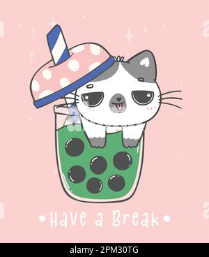 Kawaii calico kitten chat dans la bulle vert matcha tasse de thé, boba chat ont une pause, adorable dessin d'animal de bande dessinée à la main Illustration de Vecteur