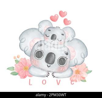 Adorable bébé Koala heureux dormir sur la tête de mère, joyeux jour de mère fantaisiste aquarelle animal dessin animé main peinture. Illustration de Vecteur