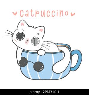 mignon drôle chat de chaton joueur dans une tasse de café, un cappuccino, un animal de dessin animé de la main de doodle Illustration de Vecteur