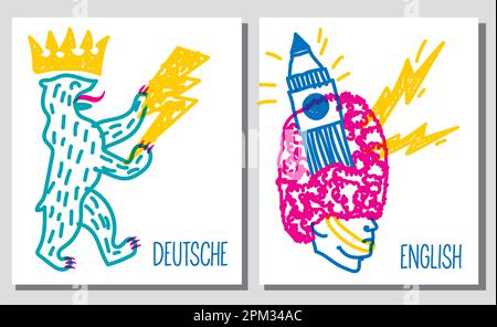 Affiches Doodle de diverses villes de symboles, Berlin, Londres Illustration de Vecteur