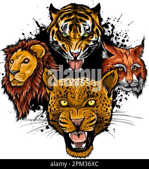 Ensemble de vecteurs de grands chats de dessin animé. Illustration de couguar, jaguar, léopard, lion, tigre, cheetah, léopard des neiges. Illustration de Vecteur