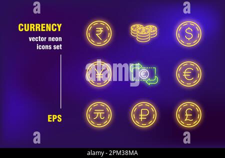 Ensemble d'affiches au néon de devises Illustration de Vecteur