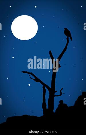 Ce morceau d'art capture la beauté sereine d'une pleine lune brillant dans le ciel, en jetant une lumière rêveuse sur le paysage ci-dessous. Un seul oiseau St Banque D'Images