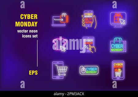 Mise en place d'affiches néon pour le cyber-lundi Illustration de Vecteur