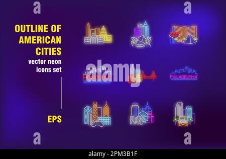 Aperçu des villes américaines enseignes néon ensemble Illustration de Vecteur