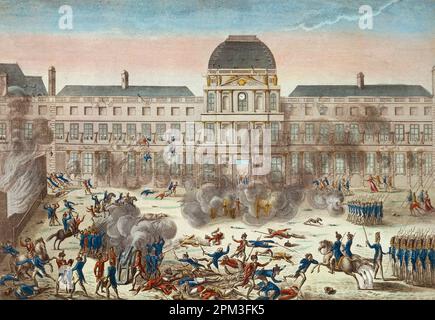 L'assaut des produits aux Tuileries, le 10 août 1792. Gravure du 18eme siècle - la prise du Palais des Tuileries, 10 août 1792. Révolution française, France, 18th siècle. Banque D'Images