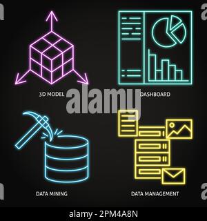 Jeu d'icônes néon d'exploration et de gestion des données. Illustration vectorielle Illustration de Vecteur