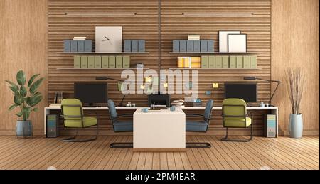 Bureau moderne avec deux postes de travail et lambris en bois sur l'arrière-plan - 3D rendu Banque D'Images