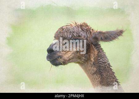 Aquarelle numérique d'un portrait de gros plan photo d'un Alpaca, Lama pacos une espèce de camélidés sud-américains. Banque D'Images