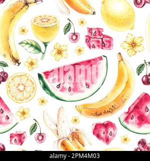 Aquarelle fruits d'été motif de pastèque, ananas, citron, cerise sur fond blanc. Modèle pour la conception de l'emballage, des cartes, des invitations Banque D'Images