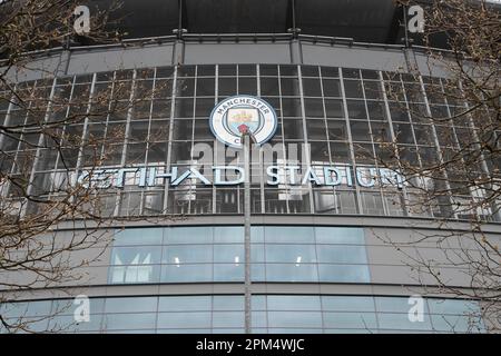 Manchester, Royaume-Uni. 11th avril 2023. Vue extérieure du stade Etihad devant les quarts de finale de la Ligue des champions de l'UEFA 1st Leg Manchester City vs Bayern Munich au stade Etihad, Manchester, Royaume-Uni, 11th avril 2023 (photo de Conor Molloy/News Images) à Manchester, Royaume-Uni, le 4/11/2023. (Photo de Conor Molloy/News Images/Sipa USA) crédit: SIPA USA/Alay Live News Banque D'Images