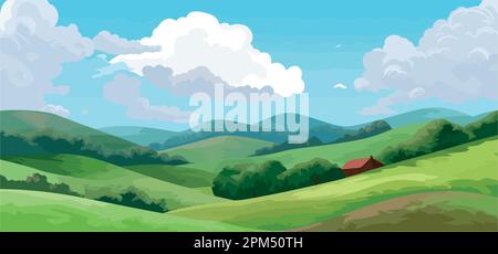 Vector illustration d'été magnifique avec un paysage de champs de l'aube, de vertes collines, ciel bleu, couleur lumineuse pays contexte en télévision cartoon style ban Illustration de Vecteur