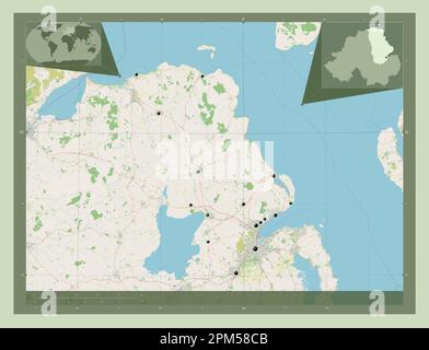 Antrim, région de l'Irlande du Nord. Ouvrez la carte des rues. Lieux des principales villes de la région. Cartes d'emplacement auxiliaire d'angle Banque D'Images