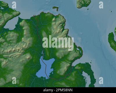 Antrim, région de l'Irlande du Nord. Carte d'altitude en couleur avec lacs et rivières Banque D'Images