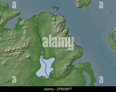 Antrim, région de l'Irlande du Nord. Carte d'altitude colorée en style wiki avec lacs et rivières Banque D'Images