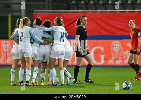 Louvain, Belgique. 11th avril 2023. Les joueurs slovènes fêtent après avoir marqué un match de football amical entre l'équipe nationale féminine belge The Red Flames et la Slovénie, le mardi 11 avril 2023 à Louvain. BELGA PHOTO DAVID CATRY crédit: Belga News Agency/Alay Live News Banque D'Images