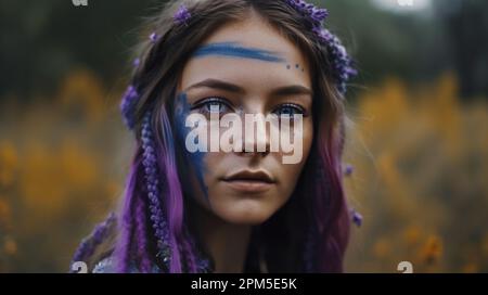 Jeune femme avec des tresses et des fleurs dans ses cheveux qui est teint pourpre Banque D'Images