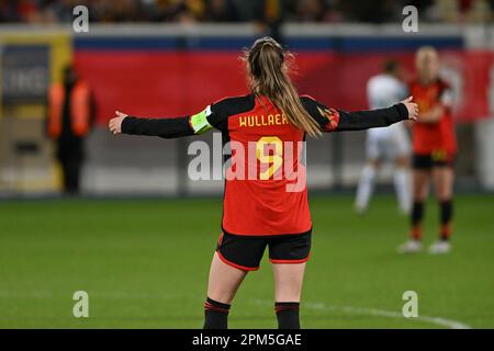 Louvain, Belgique. 11th avril 2023. Tessa Wullaert, en Belgique, semble abattu lors d'un match de football amical entre l'équipe nationale féminine belge, les flammes rouges et la Slovénie, le mardi 11 avril 2023 à Louvain. BELGA PHOTO DAVID CATRY crédit: Belga News Agency/Alay Live News Banque D'Images