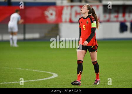 Louvain, Belgique. 11th avril 2023. Tessa Wullaert, en Belgique, semble abattu lors d'un match de football amical entre l'équipe nationale féminine belge, les flammes rouges et la Slovénie, le mardi 11 avril 2023 à Louvain. BELGA PHOTO DAVID CATRY crédit: Belga News Agency/Alay Live News Banque D'Images