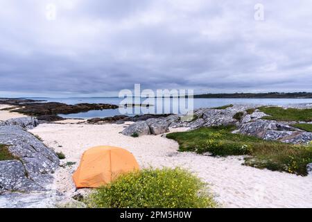 Photo d'une tente dans un camp libre sur la plage de corail de Galway Banque D'Images