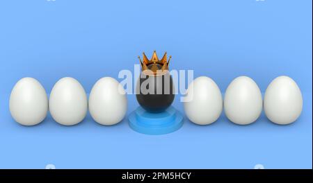 Groupe d'œufs de poulet blanc de ferme et unique oeuf noir avec des expressions et visage drôle et couronne d'or sur lui sur fond bleu. 3D rendu de l'oeuf de Pâques Banque D'Images