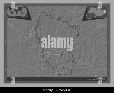 Luhans'k, région de l'Ukraine. Carte d'altitude à deux niveaux avec lacs et rivières. Lieux et noms des principales villes de la région. Emplacement auxiliaire du coin Banque D'Images