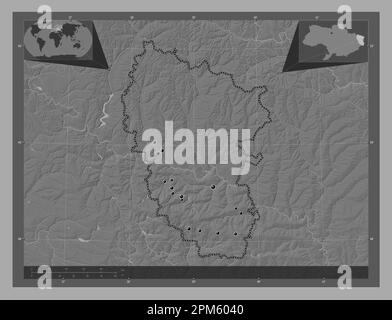 Luhans'k, région de l'Ukraine. Carte d'altitude à deux niveaux avec lacs et rivières. Lieux des principales villes de la région. Cartes d'emplacement auxiliaire d'angle Banque D'Images