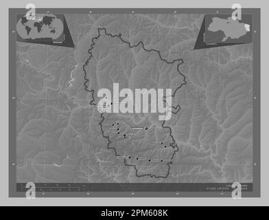 Luhans'k, région de l'Ukraine. Carte d'altitude en niveaux de gris avec lacs et rivières. Lieux et noms des principales villes de la région. Emplacement auxiliaire d'angle Banque D'Images