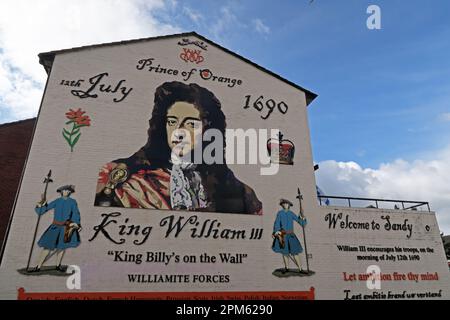 Murale représentant le prince d'Orange, roi William III, 12th juillet 1690, roi Billys sur le mur, forces de Williamite, à Sandy Row, Belfast, ni, BT12 5EY Banque D'Images