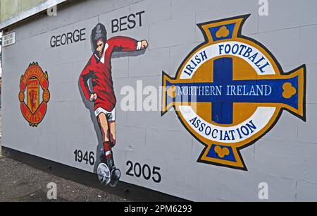 Blythe Street, Sandy Row - peinture murale George Best football, 1946-2005, Irlande du Nord, Irish football Association, Belfast, Antrim, Irlande du Nord, Royaume-Uni Banque D'Images