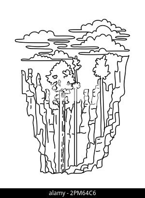 Illustration monoligne de Douglas taxifoliés et de hoodoos dans le parc national de Bryce Canyon, dans le sud de l'Utah, aux États-Unis, en ligne de monoline noire et blanche Banque D'Images