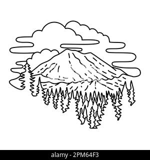 Illustration monoligne du parc national du Mont Rainier au sud-est de Seattle, État de Washington, États-Unis fait en ligne monoline noire et blanche Banque D'Images
