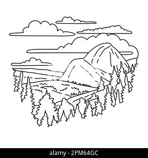 Illustration monoligne de Olmsted point avec vue sur le côté nord de Half Dome et Clouds Rest dans le parc national de Yosemite, Californie fait en bl Banque D'Images