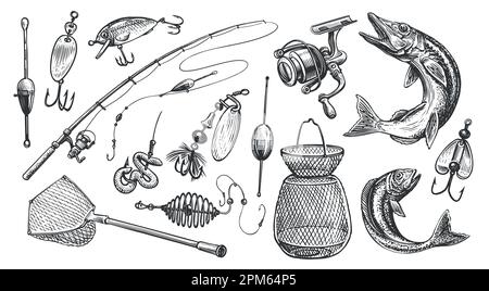 Équipement pour kit de pêche. Canne à pêche, flotteurs et autres dispositifs pour la pêche sportive. Illustration du vecteur d'esquisse Illustration de Vecteur