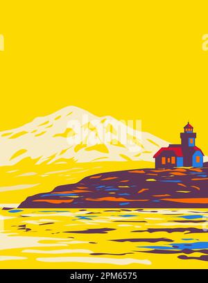 Illustration WPA rétro de l'archipel des îles San Juan dans le nord-ouest du Pacifique entre l'État de Washington et l'île de Vancouver, Canada fait en travaux pr Banque D'Images